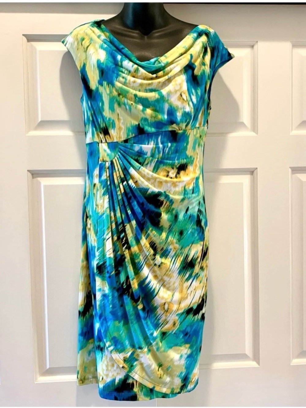 connected apparel Teal Blue Aqua Multi-Print Cowl Sheath Dress